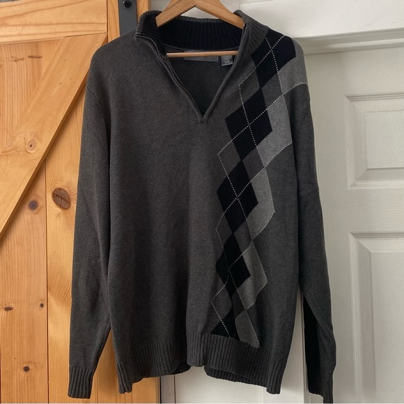 Oscar de la Renta Mens 1/2 Zip Argyle Mock Pullover Sweater Grey Black - Picture 1 of 5
